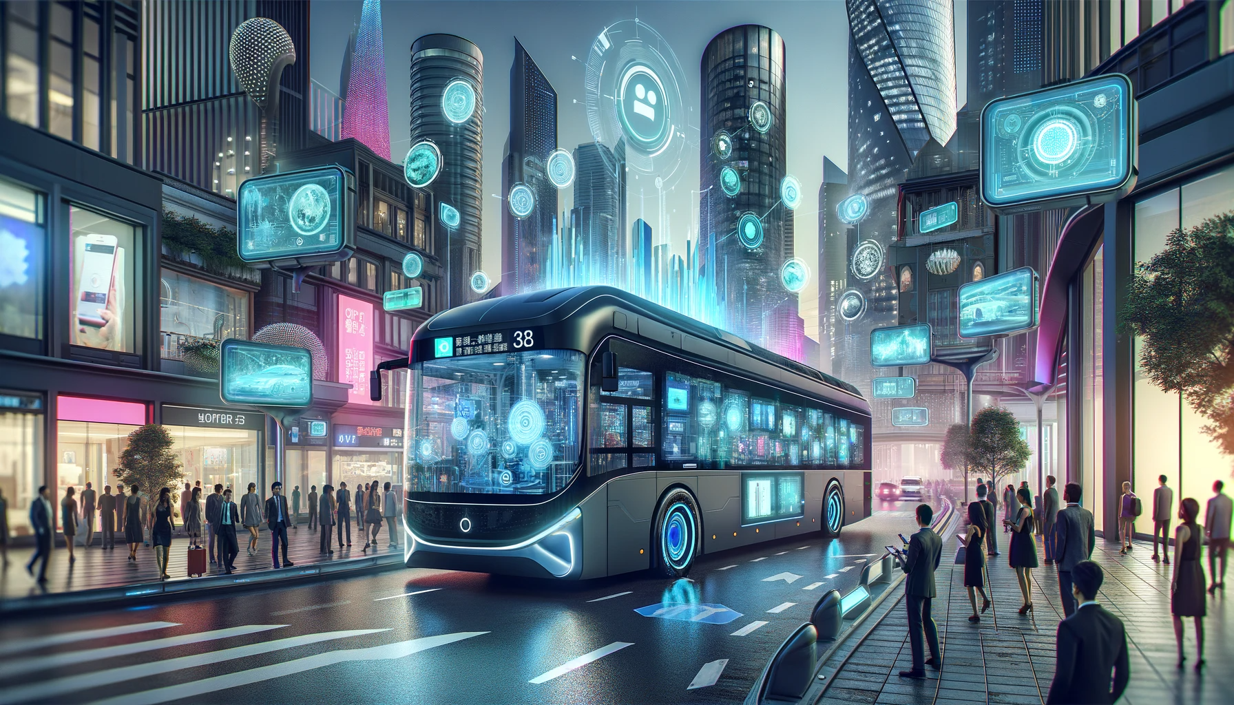 dall·e 2024 01 29 18 06 49 a futuristic cityscape featuring an innovative and technologically advanced public bus the bus is equipped with dynamic digital advertising screens,