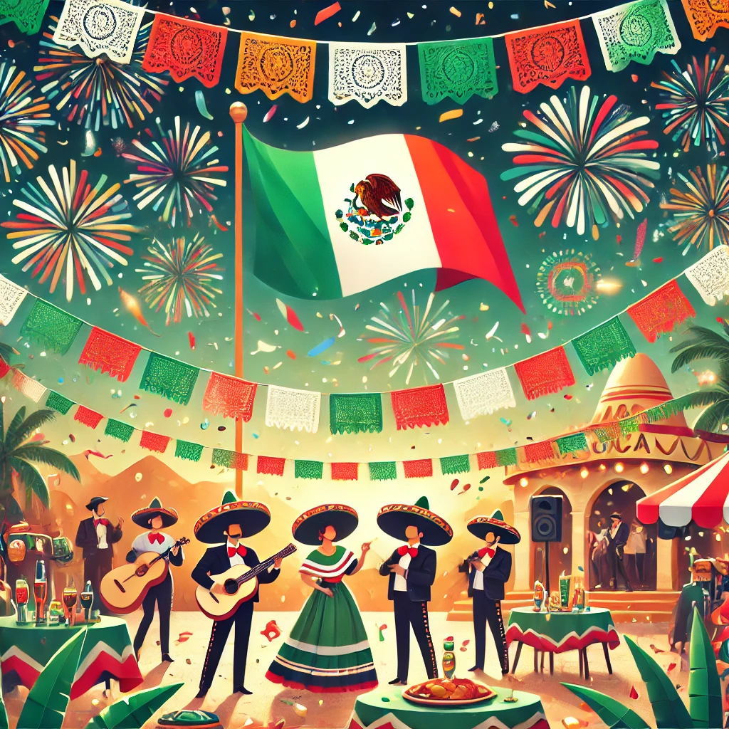 dall·e 2024 09 14 13 45 22 a vibrant scene representing the mexican independence day celebration (fiestas patrias), featuring iconic elements like the mexican flag, sombreros, t